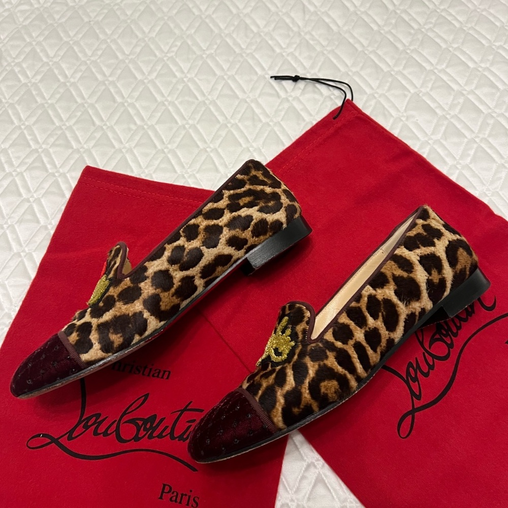 Christian Louboutin Leopard Print Embroidered Flats with Red & Green Accents - Picture 10 of 12